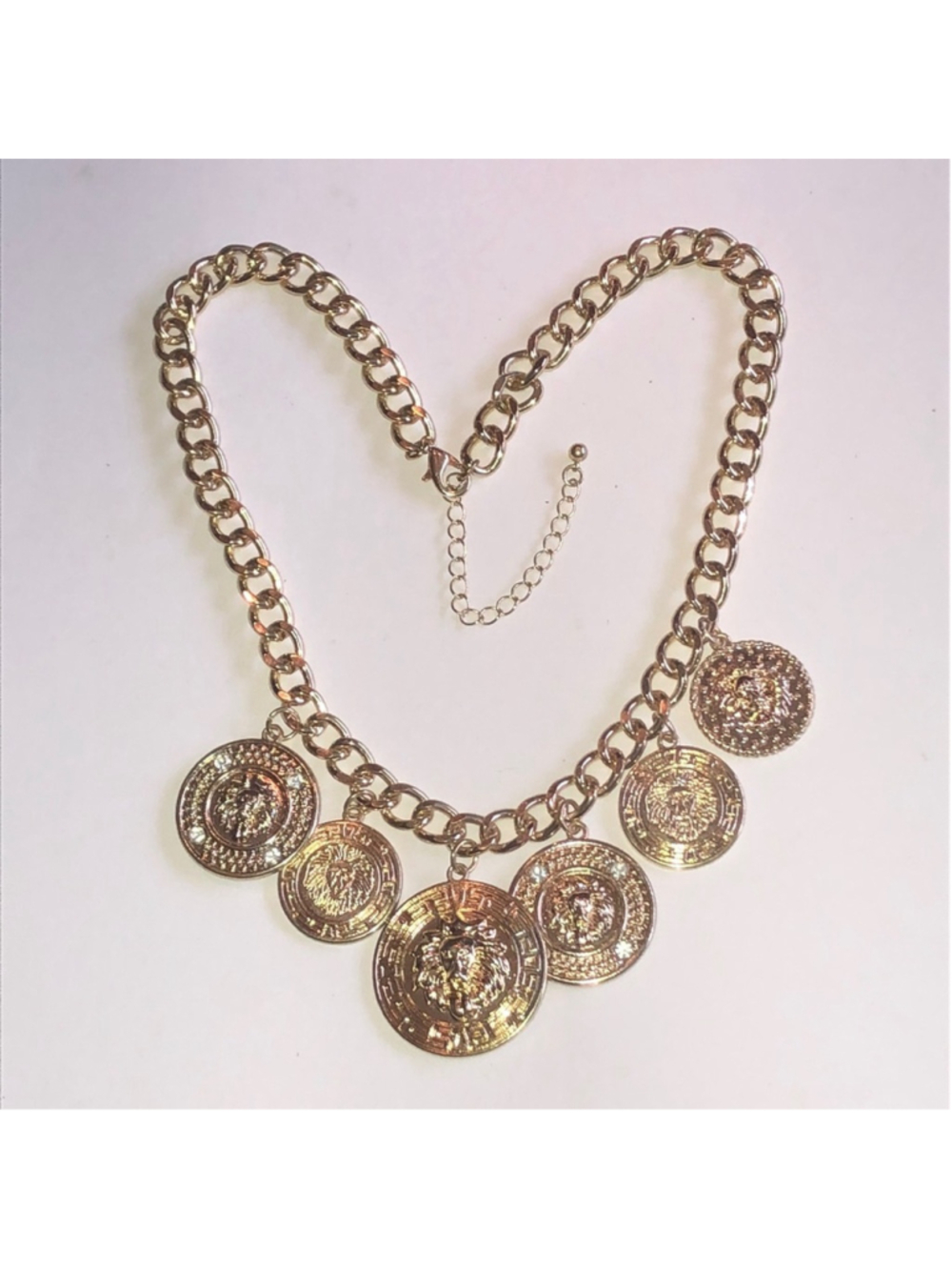 Gold Tone Lion Coin Medallion Chain Necklace